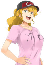 Rule 34 | 1girl, baseball cap, blonde hair, breasts, earrings, freckles, green eyes, gundam, hamushima, hands on own hips, hat, jewelry, kay nimrod, large breasts, open mouth, sd gundam g-generation, shirt, solo, sparkle, t-shirt