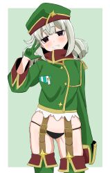 Rule 34 | 1girl, absurdres, araga kiwi, black panties, boots, commentary, cowboy shot, double bun, garter straps, gloves, green background, green footwear, green gloves, green hat, grey hair, grin, hair bun, half-closed eyes, hat, hat ornament, highres, hoshina (78737696), jacket, leoparde (mahou shoujo ni akogarete), long sleeves, looking at viewer, magical girl, mahou shoujo ni akogarete, medium hair, military hat, military jacket, mole, mole under eye, no pants, panties, purple eyes, sleeves past fingers, sleeves past wrists, smile, solo, standing, star (symbol), star hat ornament, string panties, thigh boots, underwear, very long sleeves, w