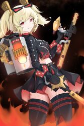 1girl :q absurdres ass belt black_belt black_jacket black_skirt black_thighhighs blonde_hair burnice_white cowboy_shot flamethrower from_side hair_between_eyes highres holding holding_flamethrower holding_weapon jacket long_hair looking_at_viewer red-tinted_eyewear red_eyes rem_mie sidelocks skirt smile solo spiked_belt standing sunglasses thighhighs tinted_eyewear tongue tongue_out weapon zenless_zone_zero