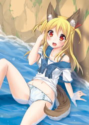 Rule 34 | 1girl, animal ears, blonde hair, blush, bow, collarbone, fang, fox ears, fox tail, hand in own hair, highres, leg up, long hair, looking at viewer, midriff, navel, no pants, off shoulder, open mouth, original, oruto (ort+), oruton, panties, red eyes, shirt, short sleeves, sitting, smile, solo, tail, two side up, underwear, water, wet, wet clothes, wet panties, wet shirt, white panties