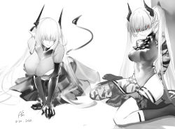Rule 34 | 1girl, ams (deathname1994), arknights, arms behind back, artist name, ascot, bound, breasts, chained sarkaz girl, cleavage, closed mouth, clothes pull, covered navel, dated, demon girl, demon horns, demon tail, dress, elbow gloves, gloves, grey theme, hair over eyes, highres, horns, large breasts, leotard, long hair, looking at viewer, multiple views, pointy ears, red eyes, skirt, skirt pull, smile, spot color, tail, twintails, very long hair, war