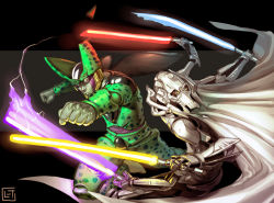 Rule 34 | battle, blue lightsaber, cape, cell (dragon ball), crossover, dragon ball, dragonball z, duel, energy sword, extra arms, general grievous, lightsaber, lost-tyrant, pale skin, perfect cell, punching, red lightsaber, star wars, sword, weapon, yellow eyes