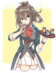 Rule 34 | 1girl, ascot, belt, blue eyes, brown belt, brown hair, cropped legs, cupcake, flower, food, gloves, kantai collection, long hair, looking at viewer, messy hair, military, military uniform, pleated skirt, red ascot, red flower, red rose, rose, sagamiso, sheffield (kancolle), single glove, skirt, solo, uniform, white gloves, white skirt