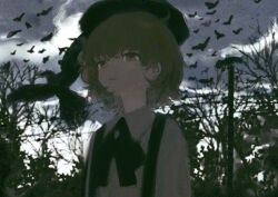 Rule 34 | 1girl, arms at sides, bare tree, beret, bird, black hat, black ribbon, brown eyes, brown hair, closed mouth, collared shirt, commentary, crow, day, english commentary, film grain, flock, flower, hair flower, hair ornament, hat, hatoba tsugu, highres, looking ahead, miyana (leftmnkr), mole, mole under eye, neck ribbon, outdoors, overcast, power lines, ribbon, shirt, short hair, sky, solo, suspenders, tree, tsugu (vtuber), upper body, utility pole, virtual youtuber, white flower, white shirt