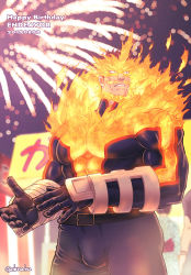 Rule 34 | 1boy, bara, beard, blue bodysuit, blue eyes, bodysuit, boku no hero academia, bulge, covered abs, cowboy shot, dated, facial hair, fiery hair, fire, fireworks, happy birthday, large pectorals, looking to the side, male focus, mature male, muscular, muscular male, ono (ohno ha), pectorals, red hair, short hair, sideburns, solo, spiked hair, thick thighs, thighs, endeavor (boku no hero academia), vambraces