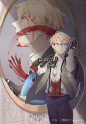 Rule 34 | 1boy, :d, absurdres, amuroseo, ascot, black ascot, black gloves, black jacket, blonde hair, blood, blood on clothes, blood splatter, blue pants, brooch, collared shirt, cowboy shot, double-parted bangs, dual persona, eye trail, fate/grand order, fate (series), frown, glasses, gloves, green eyes, grey vest, hair between eyes, half gloves, hands up, highres, jacket, jacket on shoulders, jekyll and hyde (fate), jewelry, light particles, light trail, looking at hand, male focus, open clothes, open mouth, open vest, pants, portrait (object), profile, red eyes, sharp teeth, shirt, short hair, smile, solo, standing, suspenders, teeth, vest, wallpaper (object), white shirt
