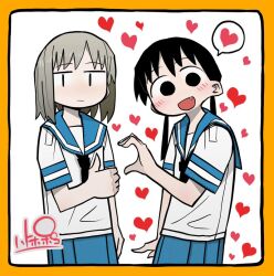 Rule 34 | 2girls, arm at side, black eyes, black hair, black necktie, blue sailor collar, blue skirt, blush, border, bored, brown hair, closed mouth, commentary request, commission, cowboy shot, fang, hand up, hatopopoko, heart, heart hands failure, heisei umare, jitome, light frown, long hair, looking at viewer, low twintails, matching outfits, medium hair, multiple girls, necktie, open mouth, orange border, pleated skirt, sailor collar, satou (heisei umare), school uniform, serafuku, shirt, short sleeves, side-by-side, signature, simple background, skeb commission, skirt, smile, spoken heart, standing, thumbs up, twintails, white background, white shirt, yomura yuri, | |