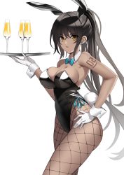 Rule 34 | 1girl, absurdres, armpits, bare arms, bare shoulders, black hair, black leotard, blue archive, bow, bowtie, breasts, brown eyes, cleavage, cowboy shot, cup, curvy, dark-skinned female, dark skin, detached collar, drinking glass, earrings, fake tail, fishnet pantyhose, fishnets, gloves, hand on own hip, highleg, highleg leotard, highres, holding, jewelry, karin (blue archive), karin (bunny) (blue archive), large breasts, leotard, long hair, looking at viewer, official alternate costume, pantyhose, parted lips, playboy bunny, ponytail, rabbit ears, rabbit tail, shoulder tattoo, sidelocks, simple background, slit pupils, solo, strapless, strapless leotard, tail, tamatabe, tattoo, thighs, thong leotard, traditional bowtie, tray, very long hair, white background, white gloves, wide hips, wrist cuffs