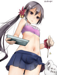 Rule 34 | 1girl, akebono (kancolle), akino shuu, bell, bikini, blue skirt, commentary request, flower, hair bell, hair between eyes, hair flower, hair ornament, jingle bell, kantai collection, long hair, navel, pink bikini, pink flower, pleated skirt, purple eyes, purple hair, side ponytail, simple background, skirt, solo focus, swimsuit, translation request, twitter username, white background, wristband