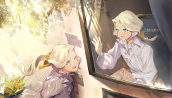 Rule 34 | 1boy, :d, aged down, blue eyes, bouquet, brothers, chair, copyright name, day, flower, highres, identity v, joseph desaulniers, letter, long hair, long sleeves, multiple views, open mouth, outdoors, ponytail, shirt, siblings, sitting, smile, white hair, white shirt, window, zizero