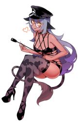 Rule 34 | 1girl, animal ears, animal print, black choker, black footwear, black headwear, breasts, choker, commission, cow print, freckles, full body, grey-framed eyewear, halphelt, high heels, highres, holding, invisible chair, crossed legs, long hair, medium breasts, midriff, open mouth, original, riding crop, silver hair, simple background, sitting, solo, tail, thighhighs, white background, yellow eyes