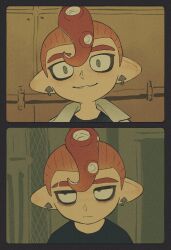 Rule 34 | 1boy, absurdres, bags under eyes, before and after, black shirt, ear piercing, earrings, empty eyes, expressionless, eyebrow cut, grey eyes, grin, highres, iwamushi, jacket, jewelry, looking at viewer, looking to the side, nintendo, octoling, octoling boy, octoling player character, piercing, pointy ears, red hair, salmon run (splatoon), shirt, smile, solo, splatoon (series), splatoon 3, suction cups, tentacle hair, thick eyebrows, white jacket