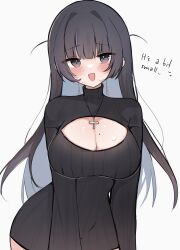 Rule 34 | 1girl, absurdres, black eyes, black hair, blunt bangs, blush, breasts, cleavage, cleavage cutout, clothing cutout, commentary, criss-cross back-straps, cross, cross necklace, english text, highres, impossible clothes, impossible sweater, jewelry, long hair, looking at viewer, looking back, meiwowowo, meme attire, mole, mole on breast, narrow waist, necklace, open-chest sweater, open mouth, original, ribbed sweater, solo, sweatdrop, sweater, turtleneck, turtleneck sweater, two side up