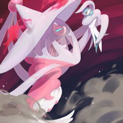 Rule 34 | 2girls, absurdly long hair, alternate color, blue hair, blue sclera, bob cut, carrying, carrying person, closed mouth, colored sclera, colored skin, creatures (company), dust, eye contact, female focus, flat chest, from side, game freak, gardevoir, gen 3 pokemon, gen 8 pokemon, giant, giantess, gigantamax, gigantamax hatterene, grey hair, grey hat, hair over one eye, half-closed eyes, happy, hat, hatterene, long hair, looking at another, multicolored hair, multiple girls, nintendo, one eye covered, orange eyes, pink hair, pink skin, pokemon, pokemon (creature), prehensile hair, profile, red background, shiny pokemon, short hair, size difference, smile, smoke, sok (mr14 c), sweat, two-tone hair, very long hair, white eyes, white skin, witch hat
