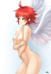 Rule 34 | 1girl, ahoge, angel wings, artist name, blush, breasts, closed mouth, collarbone, cowboy shot, deekei, feathered wings, fire emblem, fire emblem fates, groin, highres, hinoka (fire emblem), medium breasts, navel, nintendo, nipples, nude, red eyes, red hair, short hair, simple background, solo, standing, white background, white wings, wings