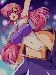 Rule 34 | 1980s (style), 1girl, blue eyes, breasts, covered erect nipples, covered navel, gloves, gundam, gundam seed, gundam seed destiny, hair ornament, highres, impossible clothes, impossible leotard, large breasts, leotard, long hair, looking at viewer, meer campbell, multicolored leotard, oldschool, open mouth, pink hair, purple skirt, retro artstyle, skirt, sleeveless, smile, solo, star (symbol), star hair ornament, tamo (oioi shinuwa), waving, white gloves, white leotard