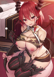 Rule 34 | 1girl, arm belt, artist name, bed, black panties, black shorts, blush, bow, braid, breasts, cleavage, cleavage cutout, clothing cutout, comic unreal, crack, dragon girl, dragon horns, dragon tail, fang, hair between eyes, heart, heart cutout, highres, holding, horns, indoors, large breasts, looking at viewer, mimikaki, monster girl, navel, nipples, non-web source, open mouth, original, panties, pointy ears, red eyes, revealing clothes, short hair, short shorts, shorts, side-tie panties, single braid, sitting, smile, solo, sweat, tail, tail bow, tail ornament, thighhighs, underwear, wings, xe (execut3r)