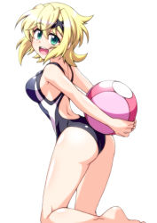 Rule 34 | 1girl, akatsuki kirika, arms behind back, ass, back, ball, bare shoulders, beachball, black one-piece swimsuit, blonde hair, blue one-piece swimsuit, blush, breasts, commentary request, competition school swimsuit, from behind, from side, green eyes, hair ornament, kneepits, looking at viewer, looking back, medium breasts, one-piece swimsuit, open mouth, school swimsuit, senki zesshou symphogear, shiny skin, short hair, simple background, skin tight, solo, standing, standing on one leg, swimsuit, teeth, thighs, upper teeth only, white background, x hair ornament, zetsumu