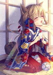 Rule 34 | 1girl, :3, :d, animal ears, blue kimono, blush, chano hinano, closed eyes, commentary request, dog ears, dog girl, dog tail, floral print, hair between eyes, hakama, hakama skirt, hand on another&#039;s chin, high heels, highres, japanese clothes, kimono, light brown hair, long hair, long sleeves, open mouth, original, print kimono, red footwear, red hakama, short kimono, sitting, skirt, smile, solo focus, sparkle, sunlight, tail, very long hair, wariza, wide sleeves