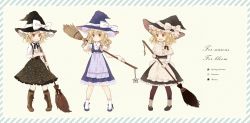 Rule 34 | 1girl, 3girls, alternate costume, alternate hair length, alternate hairstyle, apron, blonde hair, boots, braid, broom, capelet, costume chart, cross-laced footwear, framed, full body, hat, hat ribbon, kirisame marisa, knee boots, mary janes, multiple girls, multiple views, pantyhose, ribbon, shoes, side braid, simple background, siva, socks, star (symbol), touhou, waist apron, white ribbon, witch, witch hat