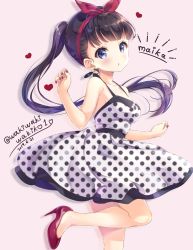 Rule 34 | 1girl, absurdres, artist name, bare arms, bare shoulders, blend s, blush, breasts, brown background, character name, cleavage, commentary request, dated, dress, earrings, fingernails, hair ribbon, hairband, hand up, heart, high heels, highres, jewelry, long hair, medium breasts, nail polish, neki (wakiko), parted lips, polka dot, polka dot dress, ponytail, purple eyes, purple hair, red footwear, red hairband, red nails, red ribbon, ribbon, sakuranomiya maika, shoes, simple background, sleeveless, sleeveless dress, solo, standing, standing on one leg, twitter username, unmoving pattern, very long hair, white dress