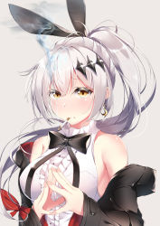 Rule 34 | 1girl, absurdres, bad id, bad pixiv id, bare shoulders, black bow, black bowtie, blouse, blush, bow, bowtie, breasts, brown eyes, cigarette, cleavage, crescent, crescent earrings, earrings, fingers together, five-seven (girls&#039; frontline), frills, frown, girls&#039; frontline, grey background, hair ornament, hair ribbon, highres, jacket, jewelry, katsuya 228, large breasts, long hair, looking at viewer, off shoulder, ponytail, ribbon, shirt, sidelocks, silver hair, simple background, sleeveless, sleeveless shirt, smoking, solo, upper body, very long hair, white shirt
