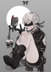 Rule 34 | 1boy, 2b (nier:automata), 9s (nier:automata), absurdres, bishounen, black coat, black gloves, blindfold, blood, boots, character doll, character request, choker, coat, doll, full body, gloves, highres, injury, charm (object), male focus, nier:automata, nier (series), ribbon akai, short hair, shorts, sitting, smile, socks, solo, sticker, thighs, white hair