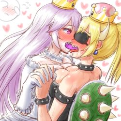 Rule 34 | 2girls, apotea, bare shoulders, black dress, blindfold, blonde hair, blush, boo (mario), bowsette, bracelet, breast press, closed eyes, closed mouth, collar, collarbone, covering face, crown, dress, drooling, ear blush, earrings, female focus, flying sweatdrops, french kiss, half-closed eyes, hand up, heart, heart-shaped pupils, holding hands, horns, jewelry, kiss, long hair, looking at another, mario (series), multiple girls, new super mario bros. u deluxe, nintendo, nose blush, open mouth, pink eyes, princess king boo, purple hair, saliva, sharp teeth, shiny skin, short sleeves, simple background, spiked bracelet, spiked collar, spikes, strapless, strapless dress, super crown, sweat, symbol-shaped pupils, symmetrical docking, teeth, tongue, tongue out, upper body, white background, white dress, yuri