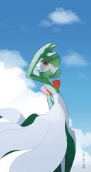 Rule 34 | 1girl, arm at side, arm up, blue sky, bob cut, cloud, colored skin, creatures (company), dated, day, female focus, flat chest, from side, game freak, gardevoir, gen 3 pokemon, green hair, green skin, hair over one eye, highres, hotarubi (bugkhdu), looking afar, multicolored skin, nintendo, one eye covered, outdoors, pokemon, pokemon (creature), red eyes, shading eyes, short hair, sky, solo, standing, two-tone skin, white skin