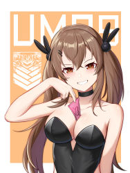 Rule 34 | 1girl, absurdres, alternate costume, banknote, bare shoulders, between breasts, black choker, black leotard, blush, bow, breasts, brown eyes, brown hair, character name, choker, cleavage, collarbone, girls&#039; frontline, griffin &amp; kryuger, hair bow, hair ornament, hairclip, highres, holding, holding money, leotard, llaos, long hair, looking at viewer, medium breasts, money, mouth hold, open mouth, playboy bunny, sidelocks, simple background, smile, solo, standing, teeth hold, twintails, ump9 (girls&#039; frontline), upper body