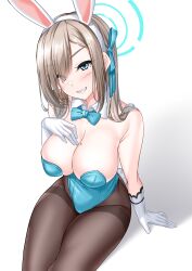 Rule 34 | 1girl, animal ears, aqua bow, aqua bowtie, aqua leotard, arm at side, arm support, asuna (blue archive), asuna (bunny) (blue archive), bare shoulders, black pantyhose, blue archive, blue eyes, bow, bowtie, breasts, brown hair, cleavage, clenched teeth, commentary request, detached collar, dot nose, fake animal ears, fake tail, forehead, gloves, grin, hair ribbon, halo, hand on own chest, highleg, highleg leotard, highres, hisame shiki, large breasts, legs together, leotard, mole, mole on breast, official alternate costume, pantyhose, parted bangs, playboy bunny, rabbit tail, ribbon, shadow, simple background, sitting, smile, solo, tail, teeth, v-shaped eyebrows, white background, white gloves