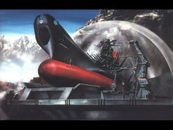 Rule 34 | 1970s (style), battleship, dome, letterboxed, military, military vehicle, mountain, no humans, oldschool, retro artstyle, ship, snow, space, spacecraft, uchuu senkan yamato, wallpaper, warship, watercraft, yamato (uchuu senkan yamato)