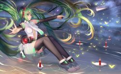 Rule 34 | 1girl, anklet, barefoot, feet, green eyes, green hair, hatsune miku, hatsune miku (append), highres, jewelry, jpeg artifacts, long hair, long legs, matching hair/eyes, musyne xsk, nail polish, outstretched arms, partially submerged, solo, spread arms, toeless legwear, toenail polish, toenails, toes, twintails, very long hair, vocaloid, vocaloid append, water