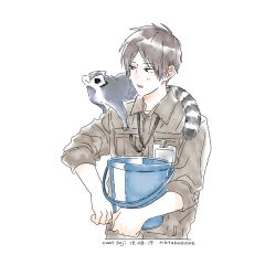 Rule 34 | 1boy, absurdres, animal, animal on shoulder, artist name, blush, brown hair, brown shirt, bucket, commentary request, cool doji danshi, dated, highres, holding, holding bucket, ichikura hayate, id card, lanyard, long sleeves, male focus, nata kokone, open mouth, shirt, short hair, simple background, solo, upper body, white background