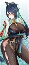 Rule 34 | 1girl, absurdres, aqua eyes, aqua hair, blue hair, bodystocking, breasts, capelet, cloud retainer (genshin impact), colored inner hair, commentary request, cowboy shot, feifu, genshin impact, glasses, highres, large breasts, long hair, looking at viewer, multicolored hair, parted lips, red-framed eyewear, solo, thighs, very long hair, xianyun (genshin impact)