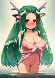 Rule 34 | 1girl, animal ears, antlers, blush, breasts, cleavage, clothes lift, covered erect nipples, cowboy shot, deer ears, dress, dress lift, full-face blush, green hair, halterneck, heart, heart-shaped pupils, highres, horns, kissada, large breasts, lifted by self, long hair, looking at viewer, navel, nipples, original, pink dress, pussy, red eyes, reflection, see-through, solo, standing, symbol-shaped pupils, very long hair, wading, water, wet, wet clothes, wet dress