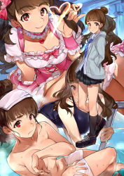 Rule 34 | 1girl, black legwear, black one-piece swimsuit, blue neckwear, blunt bangs, blush, bow, breasts, brown hair, cleavage, closed mouth, collarbone, competition swimsuit, covering privates, covering breasts, earrings, eyebrows, full body, geregere (lantern), grey jacket, hair bow, hair bun, hands in pockets, heart, heart earrings, idolmaster, idolmaster cinderella girls, jacket, jewelry, kamiya nao, long hair, looking at viewer, medium breasts, multiple views, navel, necktie, nude, one-piece swimsuit, open mouth, pink bow, plaid, plaid skirt, pleated skirt, pool ladder, red eyes, school uniform, shirt, shoes, short sleeves, single hair bun, skirt, smile, sneakers, swimsuit, thick eyebrows, thigh gap, towel, towel on head, twintails, water, wet, white shirt, wrist cuffs