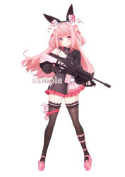 Rule 34 | 1girl, animal ears, black dress, black gloves, black thighhighs, breasts, chitetan, cleavage, commentary request, copyright request, dress, fingerless gloves, frilled dress, frilled thighhighs, frills, full body, gloves, gun, hair ornament, holding, holding gun, holding weapon, long hair, nail polish, pink footwear, pink hair, pink nails, platform footwear, purple eyes, rabbit ears, rabbit hair ornament, sample watermark, shoes, simple background, small breasts, solo, standing, thighhighs, two side up, very long hair, virtual youtuber, watermark, weapon, weapon request, white background