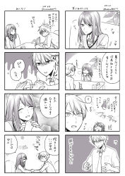 Rule 34 | 1boy, 1girl, 4koma, blush, borrowed clothes, cold, collared shirt, comic, commentary request, cup, dated, drinking, drinking glass, failure, floral background, gloom (expression), greyscale, highres, hoshina satoya, indoors, long hair, monochrome, multiple 4koma, necktie, original, plant, shirt, sitting, sleeves rolled up, table, translation request, twitter username