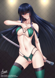 Rule 34 | 1girl, adsouto, black hair, blue eyes, breasts, collarbone, hand on own chest, highres, holding, holding sword, holding weapon, kill la kill, kiryuuin satsuki, lingerie, long hair, medium breasts, navel, sheath, sheathed, signature, solo, standing, sword, thighhighs, underwear, very long hair, weapon