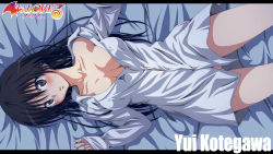 Rule 34 | 1girl, bed, black eyes, black hair, blush, bottomless, breasts, censored, convenient censoring, dress shirt, covered erect nipples, female focus, highres, kotegawa yui, large breasts, long hair, lying, no bra, no panties, open clothes, open mouth, open shirt, shirt, shy, solo, sweat, to love-ru