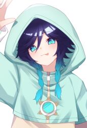 Rule 34 | 1boy, :p, absurdres, alternate costume, aqua eyes, aqua hair, black hair, blush, braid, genshin impact, gradient hair, green hoodie, highres, hood, hoodie, long sleeves, looking at viewer, male focus, momochiwood, multicolored hair, smile, solo, tongue, tongue out, twin braids, venti (genshin impact), white background