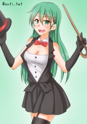 Rule 34 | 1girl, alternate costume, anti (untea9), black gloves, black thighhighs, blush, bow, bowtie, breasts, cane, cleavage, cylinder, elbow gloves, garter straps, gloves, gradient background, green eyes, green hair, hair between eyes, hair ornament, hairclip, highres, kantai collection, large breasts, long hair, looking at viewer, open mouth, smile, solo, suzuya (kancolle), thighhighs