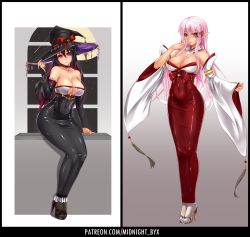 Rule 34 | 2girls, bare shoulders, black hair, breasts, cleavage, covered navel, dress, full body, gloves, hair ornament, high heels, highres, hobble dress, impossible clothes, latex, long dress, long hair, long sleeves, looking at viewer, midnight (banyex), monster girl, multiple girls, nail polish, original, red eyes, simple background, skin tight, smile, standing, tight dress, witch