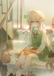 Rule 34 | 1girl, bento, breasts, brown eyes, carrot, chopsticks, clenched hand, closed mouth, eating, hair between eyes, hair ornament, hairclip, highres, light brown hair, long hair, low twintails, original, rabbit, school uniform, sitting, sitting on stairs, small breasts, solo, spi, stairs, tears, twintails