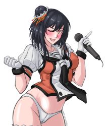 Rule 34 | 1girl, black hair, black neckerchief, commentary request, cosplay, cowboy shot, gloves, hair bun, highres, kantai collection, looking at viewer, microphone, naka (kancolle), naka (kancolle) (cosplay), neckerchief, no pants, one-hour drawing challenge, panties, puffy short sleeves, puffy sleeves, red eyes, school uniform, serafuku, short hair, short sleeves, simple background, single hair bun, smile, solo, sozan, underwear, white background, white gloves, white panties, yamashiro (kancolle)