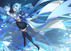 Rule 34 | 1girl, absurdres, ass, bare back, bare shoulders, black hairband, black thighhighs, blue hair, boots, cape, eula (genshin impact), flower, from behind, genshin impact, gloves, hair flower, hair ornament, hairband, high heel boots, high heels, highres, kotatsu kaya, light blue hair, looking at viewer, medium hair, solo, standing, thighhighs, thighs, zettai ryouiki