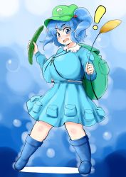 Rule 34 | !, 1girl, absurdres, aqua skirt, artist request, backpack, bag, blue eyes, blue hair, blush, boots, breasts, bubble, cattail, cucumber, female focus, full body, gradient background, hair bobbles, hair ornament, hat, highres, huge breasts, kawashiro nitori, key, large breasts, matching hair/eyes, open mouth, plant, pocket, randoseru, ryounosuke, short hair, skirt, skirt set, solo, surprised, touhou, twintails, two side up