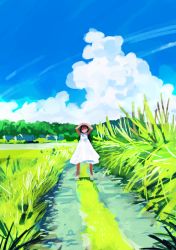 Rule 34 | 1girl, ^ ^, arms up, backlighting, bare arms, bare shoulders, black hair, blue sky, bush, child, closed eyes, cloud, cloudy sky, day, dress, facing viewer, grass, grin, happy, legs apart, long hair, maeya susumu, medium dress, mountainous horizon, no lineart, no nose, original, outdoors, path, pleated dress, road, sandals, scenery, shade, sky, sleeveless, sleeveless dress, smile, solo, standing, straight-on, straight hair, summer, sundress, white dress, white footwear, wide shot