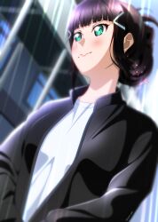 Rule 34 | 1girl, 2023, absurdres, alternate hairstyle, aqua eyes, black hair, black jacket, blunt bangs, blurry, blurry background, blurry foreground, blush, bokeh, casual, chromatic aberration, close-up, closed mouth, day, depth of field, glowstick, green eyes, hair ornament, hair up, hairclip, happy birthday, highres, isami don, jacket, kurosawa dia, lens flare, long hair, long sleeves, looking at viewer, love live!, love live! sunshine!!, mole, mole under mouth, motion blur, open clothes, open jacket, outdoors, ponytail, rain, shirt, short hair, sidelocks, signature, smile, solo, sparkle, sparks, upper body, white shirt
